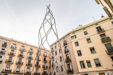 Wire tower, modern art in the city center. 03.01.2020 Barcelona, Spain.