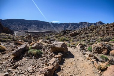 Teide Ulusal Parkı 'ndaki taş lav çölüne bakın. Tenerife, Kanarya Adaları