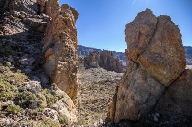 Teide Ulusal Parkı ve volkanik kaya oluşumları ile güzel bir arka plan. Seçici odaklanma. Tenerife, Kanarya Adaları