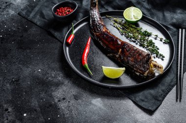 Teriyaki soslu Japon ızgara yılan balığı, unagi. Siyah arka plan. Üst Manzara. Boşluğu kopyala