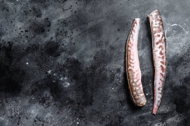 Çiğ kral klip, congrio balığı. Siyah arka plan. Üst Manzara. Boşluğu kopyala