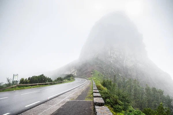 Natte, kronkelende bergweg in de mist. het eiland La Gomera. Canarische Eilanden. — Gratis stockfoto