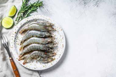 Beyaz tabakta taze çiğ, dev, langoustine karides. Gri arka plan. Üst Manzara. Boşluğu kopyala.