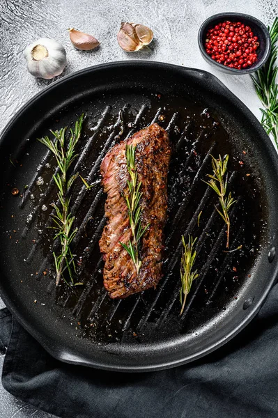 Cooked Vegas Strip Steak Pan Marble Meat Beef Gray Background — Stock Photo, Image