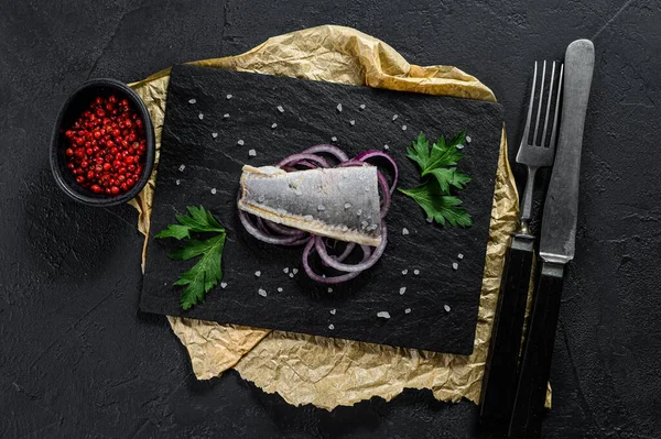 Fillet Salted Herring Parsley Red Onion Black Rustic Background Top — Stock Photo, Image