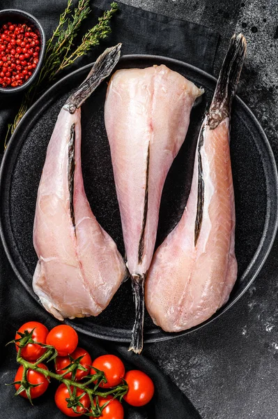 Separate Raw Fish Monkfish Black Background Top View — Stock Photo, Image