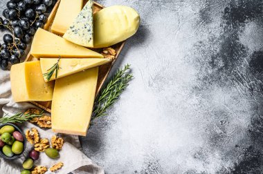 Üzüm, kraker, zeytin ve fındık ile servis edilen peynir tabağı. Çeşit çeşit lezzetli atıştırmalıklar. Gri arka plan. Üst Manzara. Metin için boşluk.