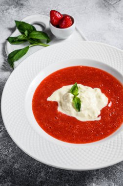 Çilekli püre ve Buffalo mozzarella. Gri arka plan. Nefis İtalyan tatlıları..