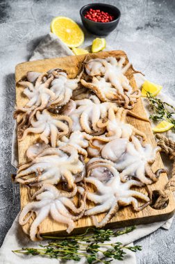Tahta bir kasede kekik ve limonlu çiğ ahtapot. Organik deniz ürünleri. Gri arka plan. Üst görünüm.