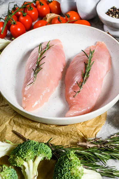 Turkey fillet in a white ceramic plate. Gray background. Top view.