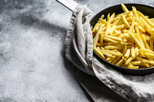 Frozen French Fries Frying Pan Gray Background Top View Space — Stock Photo, Image