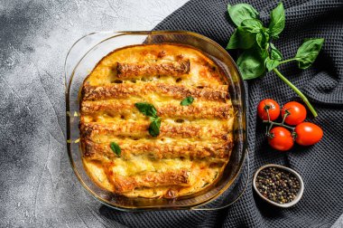 Beşamel soslu doldurulmuş cannelloni. Etli makarna, krem soslu, peynirli. Gri arka plan. en üstteki görünüm.