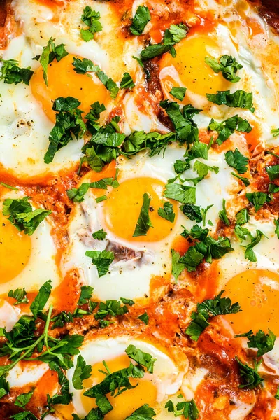 Reggeli Sült Tojással Paradicsom Shakshuka Serpenyőben Török Tradicionális Ételek Szürke — Stock Fotó