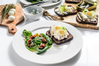 Sardalyalı sandviç, yumurta, salatalık ve krem peynir, ıspanaklı salata ve kurutulmuş domates. Beyaz arka plan. Üst görünüm.