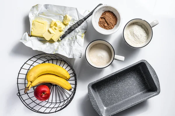 Ingrediënten Voor Bananenbrood Recept Banaan Chocolade Bloem Suiker Boter Chocolade — Stockfoto