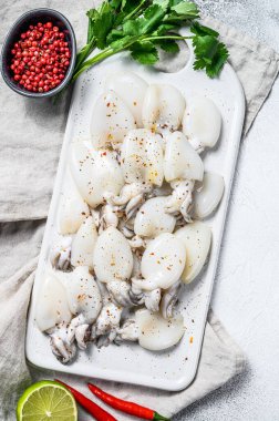 Şili biberli taze mürekkep balığı ve kesim tahtasında maydanoz. Gri arka plan. Üst görünüm.