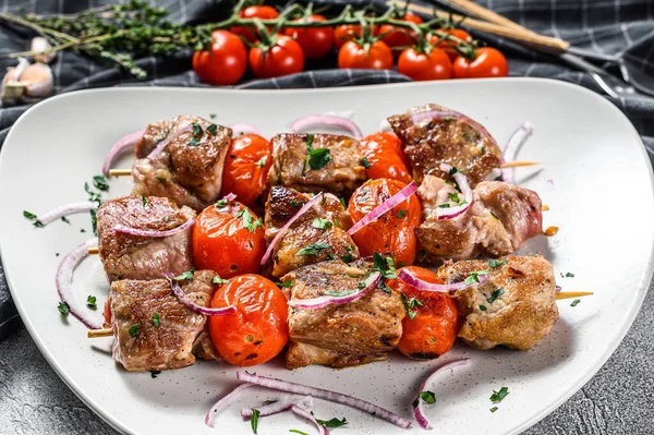Schweinebraten Spieß Mit Tomate Und Paprika Essen Für Ein Picknick — Stockfoto