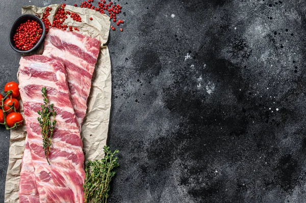 Fresh Raw Lamb Spare Ribs Spices Herbs Black Background Top — Stock Photo, Image
