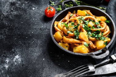 İtalyan mutfağı, tavada patates ve domatesle pişirilmiş kalamar. Siyah arka plan. Üst Manzara. Boşluğu kopyala.