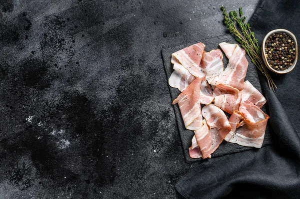 Slices Fresh Pork Bacon Pepper Thyme Organic Raw Meat Black — Stock Photo, Image