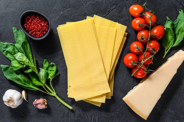 Il concetto di cottura delle lasagne. Ingredienti, lasagne, basilico, pomodorini, parmigiano, aglio, pepe. Fondo nero. Vista dall'alto — Foto Stock