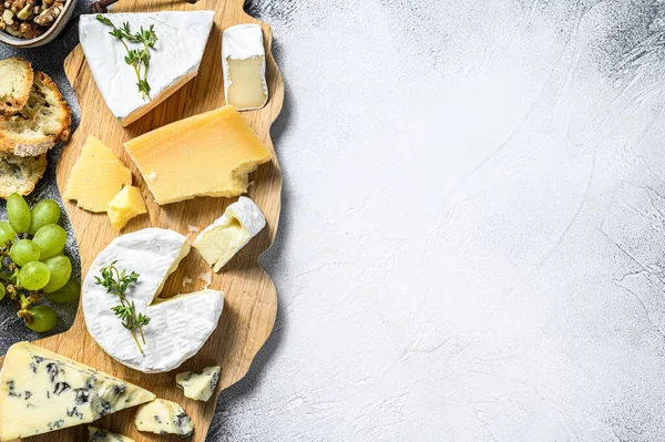 Tábua Queijo Com Camembert Francês Brie Parmesão Queijo Azul Uvas — Fotografia de Stock