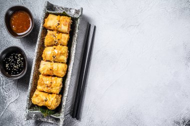 Kızarmış börek. Beyaz arka plan. Geleneksel Çin mutfağı. Üst Manzara. Boşluğu kopyala.