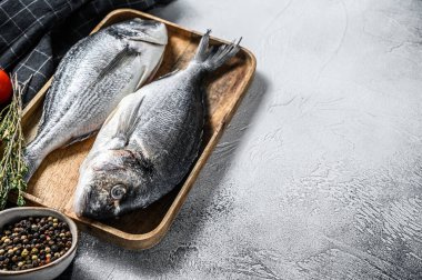 Pişirme malzemeleri, kiraz domatesleri, kekik ve biberli çiğ balık. Gri arka plan. Üst Manzara. Boşluğu kopyala.