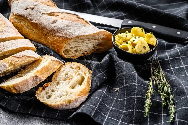 French Baguette Butter Breakfast Black Background Top View — Stock Photo, Image
