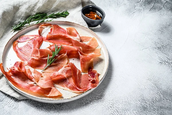 Prosciutto Crudo Italian Salami Parma Ham Antipasto Plate Gray Background — Stock Photo, Image