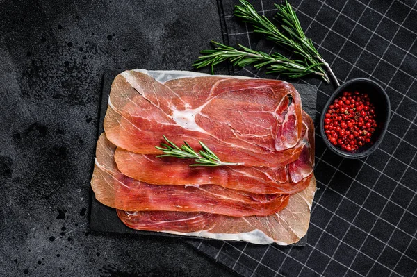 Prosciutto Crudo Italian Salami Parma Ham Antipasto Plate Black Background — Stock Photo, Image