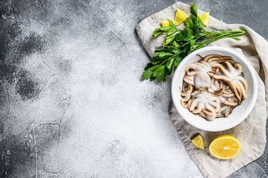 Beyaz kasede maydanozlu çiğ ahtapot ve limon. Organik deniz ürünleri. Gri arka plan. Üst Manzara. Metin için boşluk.