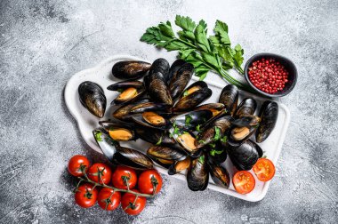 Kesme tahtasında kabuklu çiğ midye. Maydanozlu domates soslu deniz ürünleri pişirme kavramı. Gri arka plan. Üst görünüm.