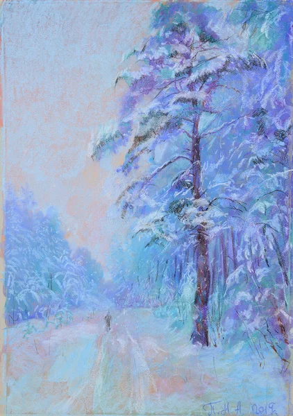 有道路水彩画的冬季景观 — 图库照片