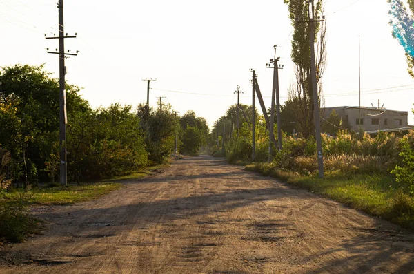 Staubiger Feldweg Landstraße Stromleitung Entlang Der Straße — Stockfoto