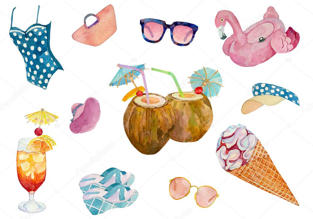 Watercolor vacations icons set
