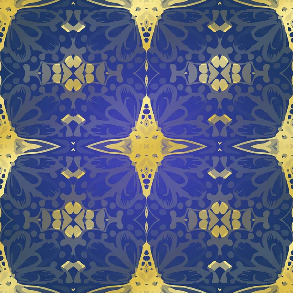 Magic Art Deco Tile. Seamless Japanese Lustrage. Gilded Dark blue color. Jazz style Square Arabesque. Varnish Free hand Tile. Retro.