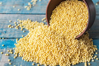 Eski mavi tahtalarda bir yığın kuru sarı darı yatıyor..