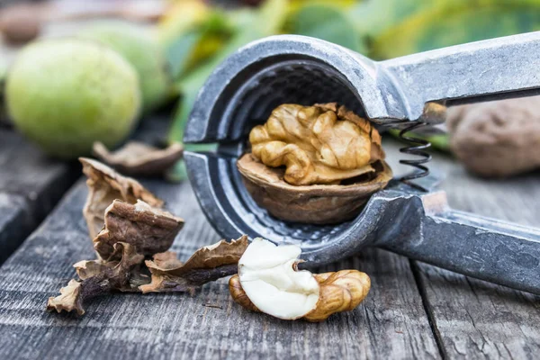 Nueces y nueces se encuentran en una mesa de madera rústica cerca del cascanueces. Núcleos de nueces . —  Fotos de Stock