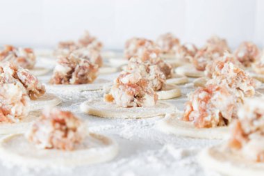 Hamurlu kıyma, ev yapımı hamur köftesi yapma süreci. Rus yemeği.