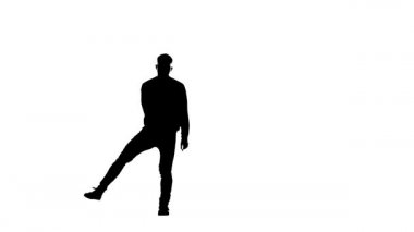 Beyaz arka planda siyah siluet, break dans yapan adam, hip hop, stüdyoda sokak dansı, izole edilmiş.