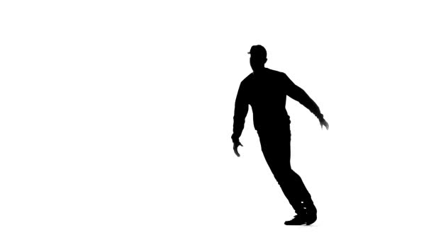 白色背景上的黑色轮廓 男人跳霹雳 工作室里的街舞 与世隔绝 — 图库视频影像