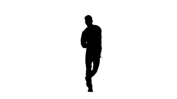 白色背景上的黑色轮廓 男人跳霹雳舞 工作室里的街舞 与世隔绝 — 图库视频影像