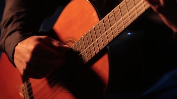 Close Guitar Strenge Gribebræt Hænder Musiker Spiller Akustisk Guitar Isoleret – Stock-video