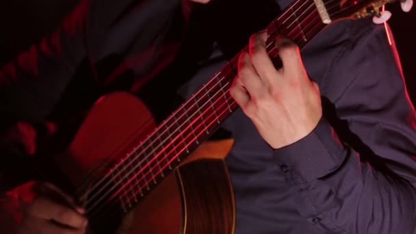 Homme Joue Guitare Classique Gros Plan Des Cordes Guitare Manche — Video