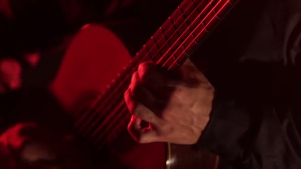 Музыкант Играет Гитаре Крупным Планом Гитарных Струн Грифа — стоковое видео