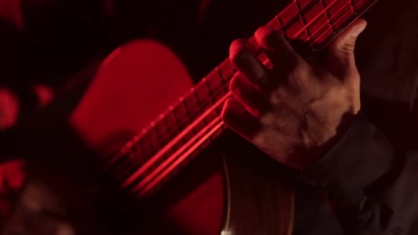 Musiker Spielt Gitarre Nahaufnahme Von Saiten Und Griffbrett — Stockvideo