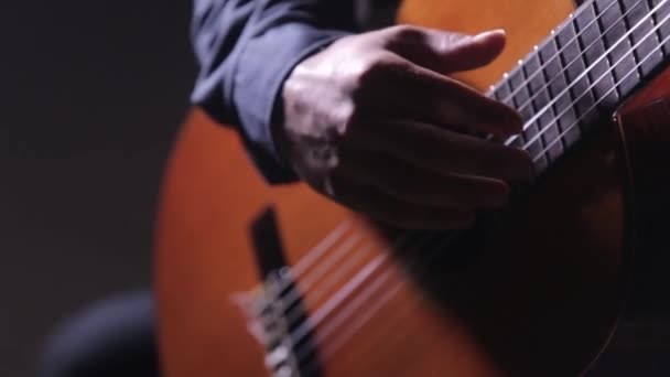 Primer Plano Cuerdas Guitarra Diapasón Guitarrista Tocando Una Guitarra Acústica — Vídeos de Stock