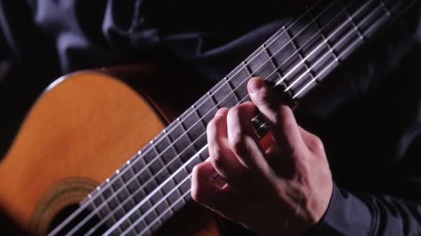 Close Guitar Strings Fretboard Guitarist Playing Acoustic Guitar — Stock Video