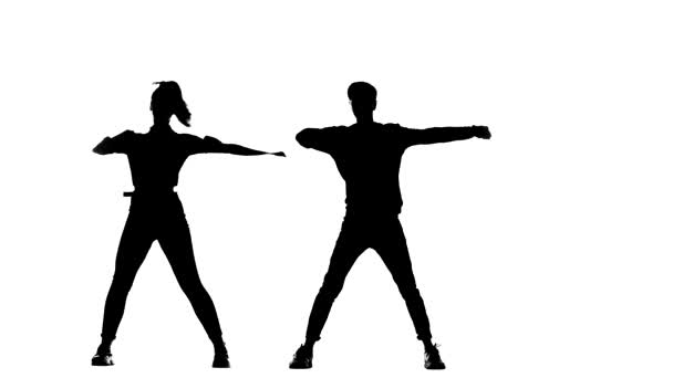 Черный Силуэт Белом Фоне Дуэт Молодых Танцоров Танцуют Моду Уличные — стоковое видео